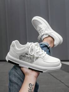 Men's Personality Contrast Color Random Print Patchwork Lace-Up Low-Top Round Toe Sneakers, Fashion Versatile Casual Breathable Shoes For Teenagers And Couples - White - View 10