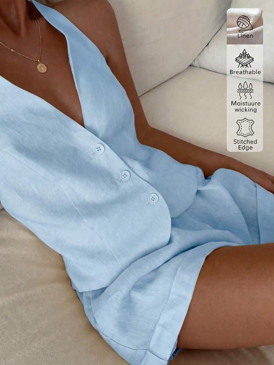 Setelan Pantai Kasual Elegan dari Linen untuk Liburan Sehari-hari, Pakaian Liburan Musim Panas Wanita (2 Potong) - Biru - View 1
