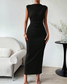 2026 Summer Women Ruched Bodycon Maxi Dress Sleeveless Lightweight Side Slit Elegant Cocktail Wedding Guest Formal Party Long Dress - 黑色 - 查看 2