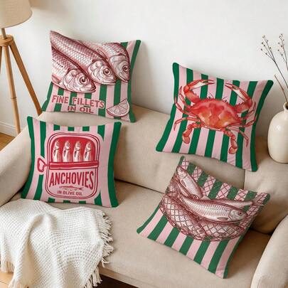 4 piezas Fundas de cojín de terciopelo con patrón de vida marina a rayas rosa y verde, 100% poliéster, decoración para sala de estar, sofá, dormitorio, sin relleno de cojín, 40x40cm/45x45cm/50x50cm