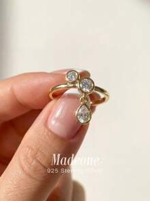 MADEONE 1枚优雅波浪双锆石水滴形925纯银女士订婚结婚戒指，精致新娘首饰，周年纪念生日礼物 - 金色 - 查看 4