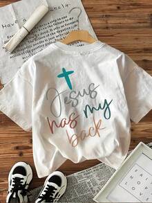 [Imágenes Frontales y Traseras]Camiseta con Estampado de Letras "Jesus has my" en Estilo Manuscrito, Cuello Redondo, Holgada, Casual, para Mujer - Estilo Urbano Vintage, Unisex, de Algodón - Blanco - Ver 3