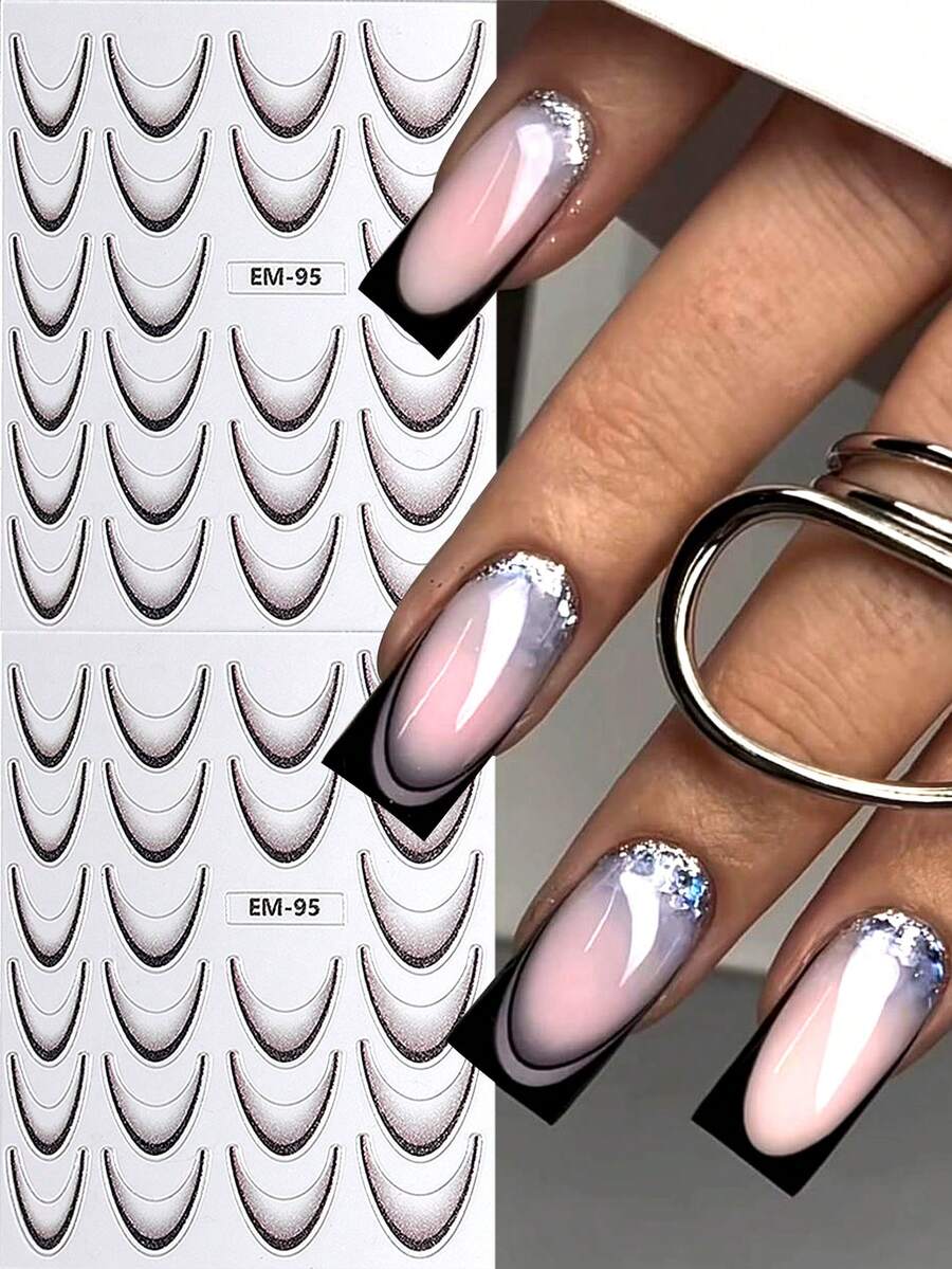 3D Minimalist Ombre French Manicure Nail Stickers, Black-White-Brown Gradient Curved French Design Self-Adhesive Nail Stickers, Adorable Y2K Style Nail Decor, Perfect For Elegant Nail Look, DIY Nail Salon Accessories And Supplies (3/2 Sheets) - Multicolor - View 1