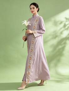 1pc Muslim Abaya, Patchwork Zipper Design, Stand Collar Long Sleeve, Vintage Summer Long Dress - Dusty Purple - View 4