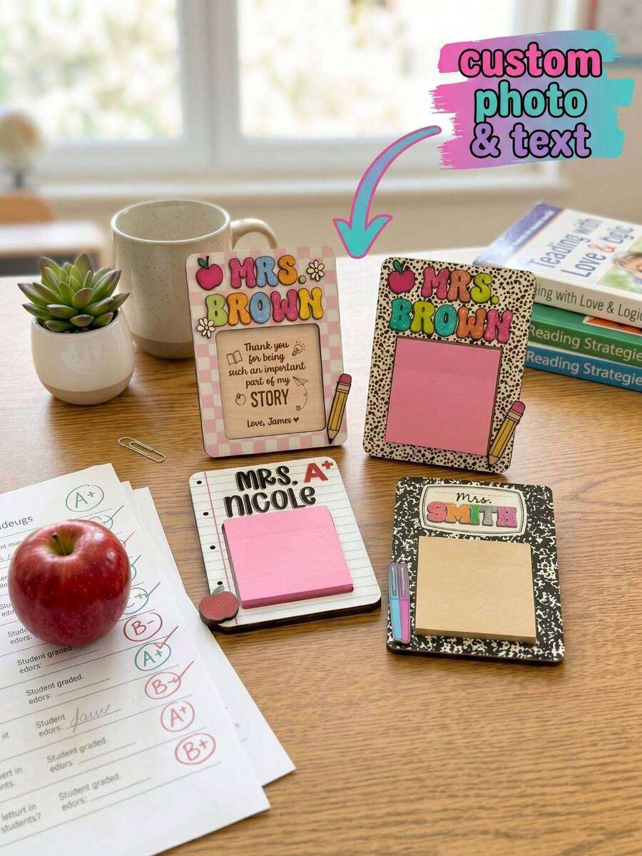 1Pc Personalized Custom Teacher Note Pad Holder With Photo & Text - Decorative Sticky Note Organizer For Classroom, Desk - Customizable Name Card Holder Gift For Teachers, Educators & Appreciation - Multicolor - View 1