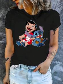 1pc Women's Short Sleeve T-Shirt, Disney Stitch And Lilo Graphic Print, Round Neck, Stretchy, Easy Care Material, Suitable For Daily Wear, Fashionable Women's Short Sleeve T-Shirt, Casual Wear - Black - View 3