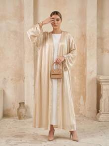 Hafizah Gaun Abaya Sederhana Timur Tengah, Jubah Kardigan Luar Ruangan Dubai, Kain Mengkilap, Gaya INS - Aprikot - View 3