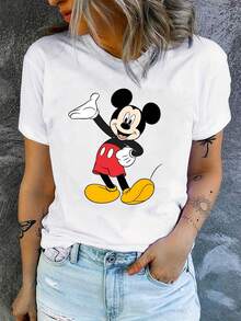 Disney 1件装女士迪士尼米奇图案印花短袖T恤，圆领，弹力面料，易护理，适合日常穿着，时尚女士短袖T恤，休闲服饰 - 黑色 - 查看 3