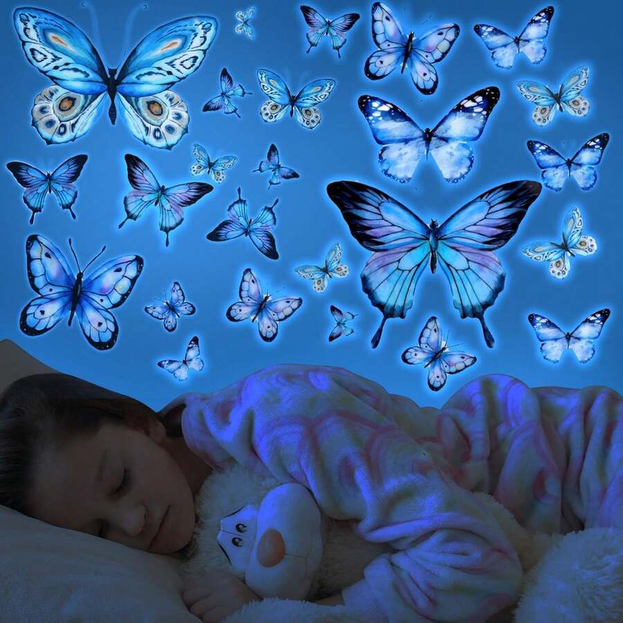 CHAILLY Hình dán tường bướm phát sáng trong bóng tối, hình dán tường bướm phát sáng màu xanh dương, hình dán trần nhà có thể tháo rời, thích hợp cho phòng trẻ em hoặc phòng ngủ. - nhãn dán phát sáng trong bóng tối - Xem 1
