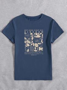 Casual Short-Sleeved T-Shirt With A Combined Alphabet Letter And Floral Print For Summer, BUT SEEK FIRST HIS KINGDOM AND HIS RIGHTEOUSNESS, AND ALL THESE THINGS WILL BE ADDED TO YOU Matthew 6:33 Women's Graphic T-Shirts - Vintage Street Style Unisex Loose Cotton Short Sleeve Crew Neck T-Shirt - 藍色的 - 查看 3