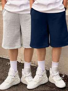 【2組隨機】2件裝青少年男孩戶外休閒時尚簡約純色高街膝長短褲 - 彩色 - 查看 4