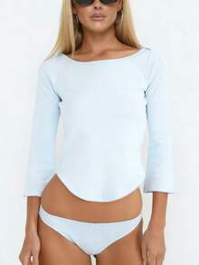 Women's Y2k Lace Trim Shirts Solid Color Boat Neck 3/4 Sleeve Asymmetrical Hem Slim Fit Crop Tops Daily Casual Going Out Basic Tees Streetwear - 天藍色 - 查看 2