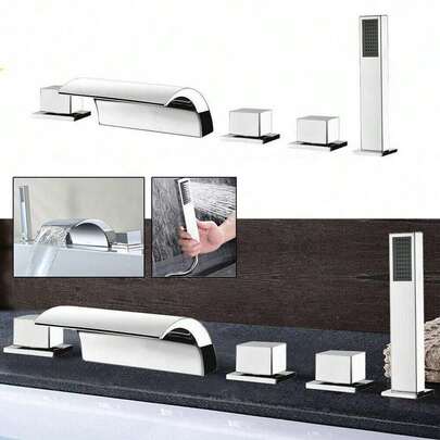 5 Hole Bathroom Bathtub Waterfall Faucet  Tub Sink Mixer Tap + Hand Shower