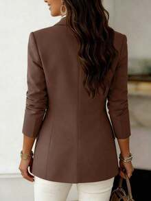 Blazer de primavera de tela tejida ligera de longitud regular con solapa y botones de manga larga para mujer - Marrón - Ver 3