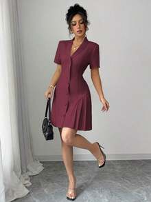 Vestido corto burdeos estilo blazer para mujer, solapa, botones decorativos, falda plisada y manga corta, elegante para primavera/verano - Burdeos - Ver 5