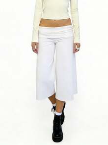Women Yoga Capri Pants Wide Leg Cropped Pants With Fold Over Waistband For Fitness Workout Light Grey Lounge Pants For Women Elastic Waist 3/4 Length Pants Casual Culottes Trousers For Daily Wear - 白色 - 查看 1