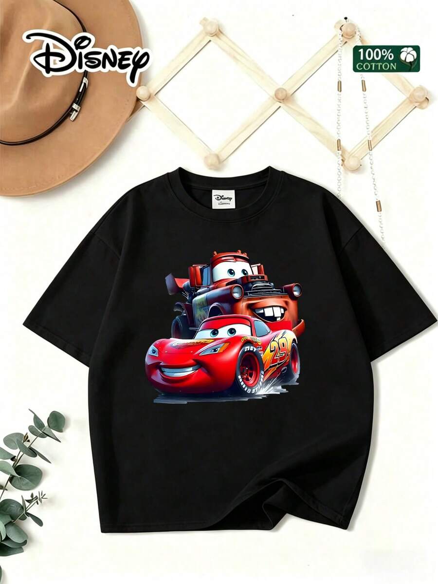 [Disney] Women's T-Shirt, Men's And Women's Short Sleeve, Featuring The Pattern Of "Disney 'Cars' Lightning McQueen And Mater", 100% Cotton, Comfortable And Breathable, Suitable For Summer Leisure, Vacation, Play, Daily Wear, Suitable For Both Men And Women, Cartoon Print T-Shirt - 黑色 - 查看 1
