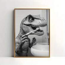 2D Flat Design, 1pc Funny Tyrannosaurus Rex Brushing Teeth Poster/Canvas - Cute Dinosaur Bathroom Decor, Suitable For Kids Room, Prehistoric Wall Art Print, Humorous Children's Room Decor, Easy To Hang Without Frame, 1pc Tyrannosaurus Rex Brushing Teeth Poster/Canvas, 2D Flat Design - H - View 2