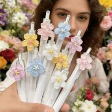 色彩缤纷的花卉主题伸缩圆珠笔，适用于学校、办公室、日记和送礼，塑料材质，中号笔尖 - 多色 - 查看 9