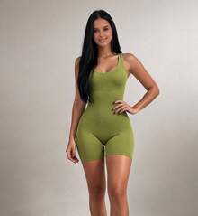 macaquinho  moda fitness curto canelado feminino estiloso academia ,ioga - Verde - Visão 1