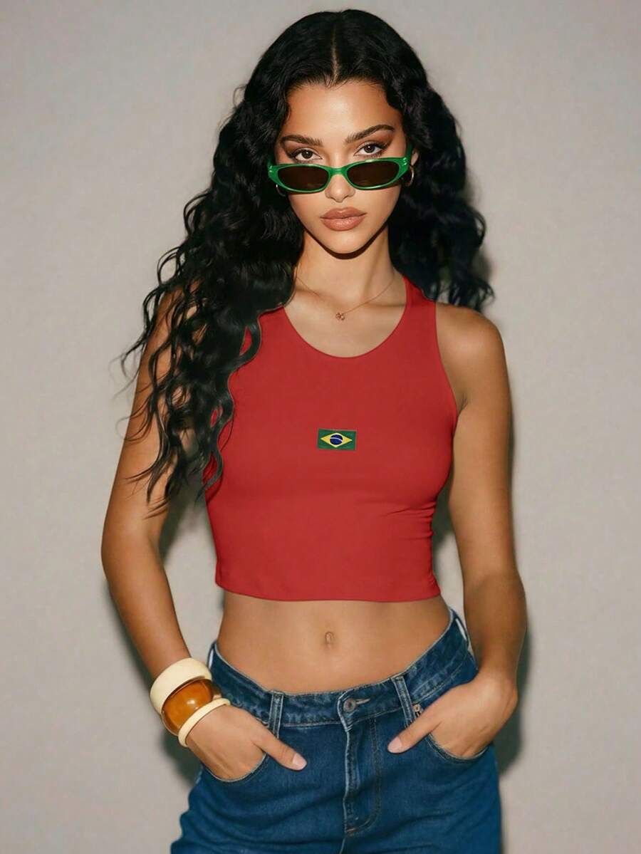 Women's Cropped Top, Yellow, Brazilian Flag, Minimalist, Brazil Core, Soccer, World Cup, Made Of Spandex. - 紅色 - 查看 1