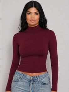 Moderna & Slim Women's Long Sleeve High Neck Blouse, Basic Second Skin Style, Extended Neck, Fitted, Comfortable For Winter - 勃根地 - 查看 5