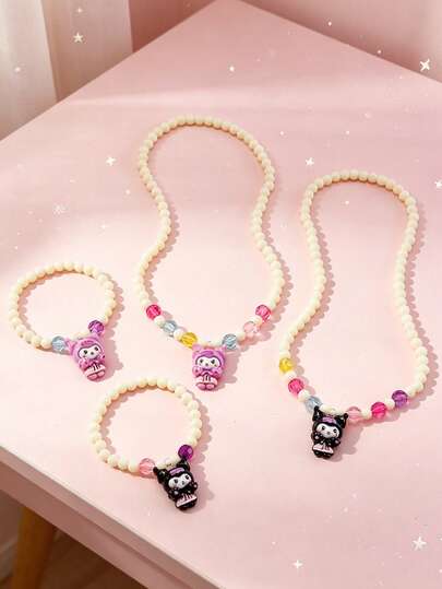  4pcs/Set Sanrio Girls Cute Multi-Color Beaded Bracelet, Necklace Jewelry Set, Suitable For Holiday Party, School, Birthday Gift, Random Color