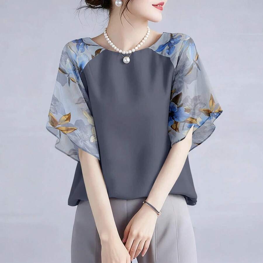ZANZEA blusa bohemia de verano con estampado Floral para mujer, camisas elegantes de gasa, Tops tipo túnica informales de manga corta acampanada, Blusas con volantes 2025 - Gris - Ver 1