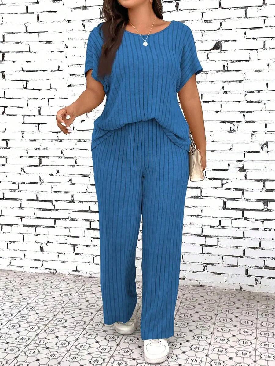 [Tallas grandes] Conjunto de dos piezas: top acanalado liso y pantalones de pierna ancha, conjunto informal y cómodo de top y pantalones para uso diario al aire libre - T10032-azul - Ver 1