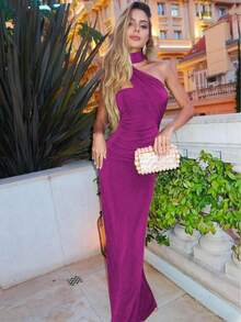 Hugcitar Halter sólido sin mangas sin espalda fruncido Sexy ceñido al cuerpo Maxi vestido de graduación verano mujeres elegante traje fiesta de noche cumpleaños - Morado - Ver 1