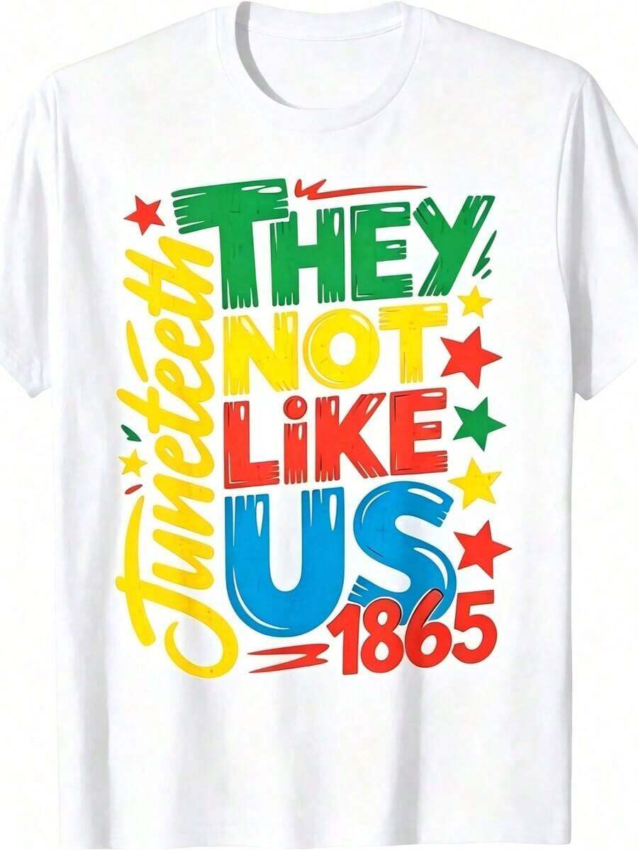 Camiseta gráfica para hombre con estampado retro vibrante y eslogan "They Not Like Us" para el mes de Juneteenth 1865. Camiseta cómoda de manga corta y cuello redondo para todas las estaciones. Tallas para hombre S-3. Blusas casuales para dama. - Blanco - Ver 1
