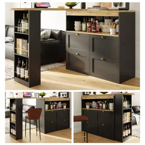 360° Rotating Bar Table (Main Body 105 X 39 X 102 Cm), With 4 Drawers And Open Shelves, Suitable For Dining Room/Study/Living Room Etc. - Black - View 1