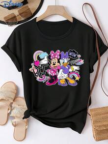1pc Women's Short Sleeve T-Shirt, Disney Minnie Mouse And Daisy Duck Graphic Print, Round Neck With Slight Stretch, Easy Care Fabric, Suitable For Daily Wear, Fashionable Women's Short Sleeve T-Shirt, Casual Wear - Black - View 1