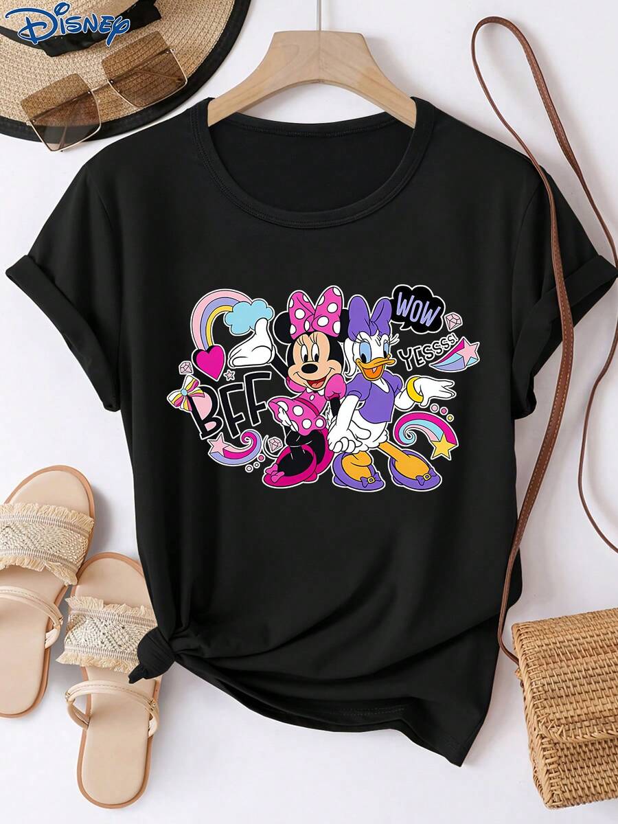 1pc Women's Short Sleeve T-Shirt, Disney Minnie Mouse And Daisy Duck Graphic Print, Round Neck With Slight Stretch, Easy Care Fabric, Suitable For Daily Wear, Fashionable Women's Short Sleeve T-Shirt, Casual Wear - Black - View 1