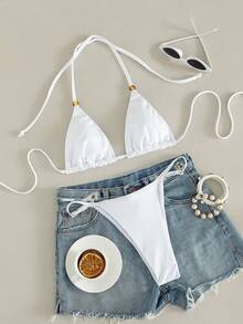 Conjunto de bikini para mujer, traje de baño de 2 piezas de unicolor, top triangular de cuello halter con tanga de pierna alta, ropa de playa sexy para verano, traje de baño de vacaciones para damas en color blanco - Blanco - Ver 3