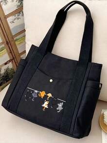Cute Cartoon Cat Pattern Handbag, Reusable Printed Women's Shopping Bag, Large Capacity Multi-Pocket Shoulder Bag, Makeup Bag, Shopping Bag, Cosmetic Bag, Foldable Lightweight, Multi-Functional Tote Bag, Large Capacity Casual Handbag, Suitable For Work, School, Commute, Travel And Shopping, Perfect Choice For Back To School, Mother's Day, Teacher's Day, Graduation, Anniversary, Back To School, Easter, Christmas - Multicolor - View 5