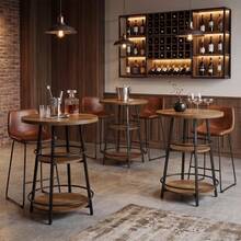 LITTLE TREE 90cm Round Bar Table, Counter Height Pub Table With Storage Shelves, Sturdy Metal Frame Brown Dining Table For Kitchen & Small Spaces - Brown - View 5