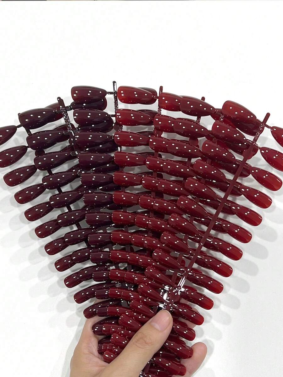 300片裝 (2款混色) 酒紅色與中洋紅色長杏仁形穿戴式假指甲,適合日常佩戴、工作、派對及各種場合,適用於女性與女孩 - 酒紅色 - 查看 1