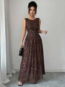 Vestido sin mangas de línea A con cuello redondo de malla floral elegante, cintura fruncida y ceñida - Cafetería - Ver 5