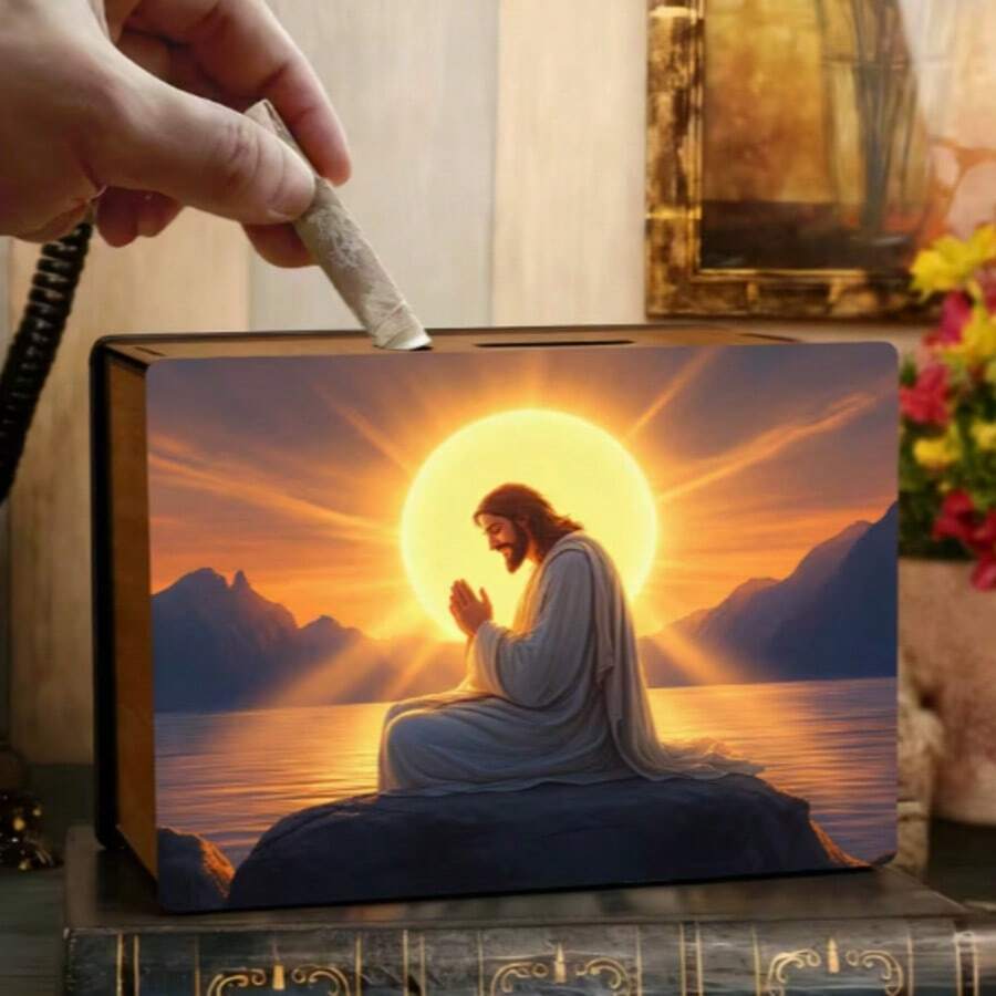 1pc Decorative Handmade Wooden Piggy Bank, Reusable Vintage Wooden Coin Box, 2D Rectangular Coin Box With Jesus Prayer Pattern, For Home, Office, Home Decor, Decorative Storage, Art Design, Coin Penny Bank, Wooden Craft, Suitable For Birthday, Graduation, Thanksgiving Multipurpose Home Decor - Multicolor - View 1