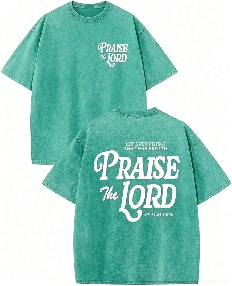 100% Cotton Christian Jesus Shirts For Men Religious Praise The Lord Bible Verse Shirt Oversized Graphic Tees Acid Wash Tshirt- Unisex Women's & Men - 綠湖 - 查看 1
