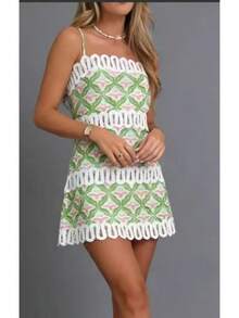 Floral Print Mini Dress Spaghetti Strap Lace Trim A Line Dress Cute Summer Outfit For Women - 花色 - 查看 1