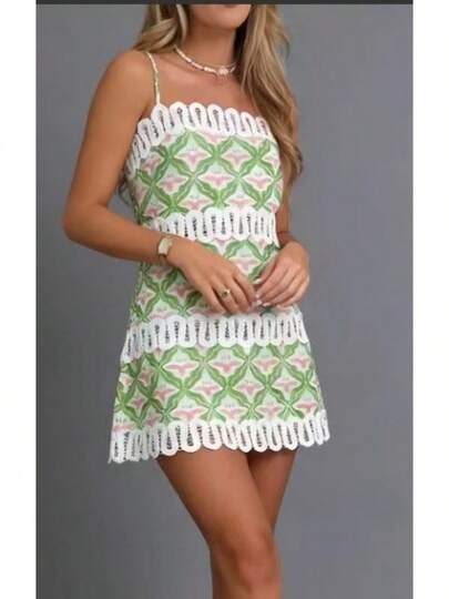 Floral Print Mini Dress Spaghetti Strap Lace Trim A Line Dress Cute Summer Outfit For Women