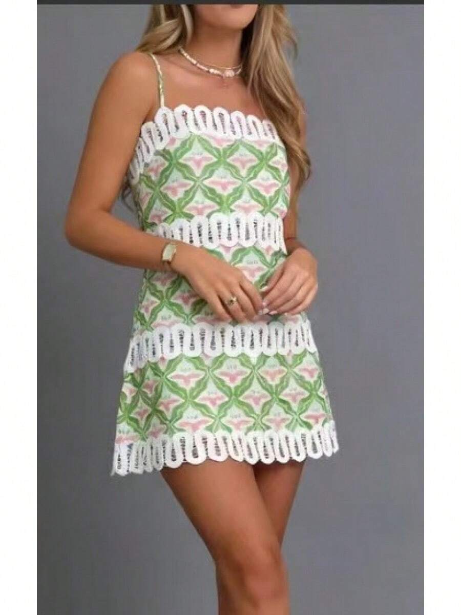 Floral Print Mini Dress Spaghetti Strap Lace Trim A Line Dress Cute Summer Outfit For Women - 花色 - 查看 1