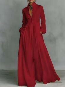 2026 Spring, Summer, Popular Dress French Waist And Thin Long-Sleeved Pleated Dress Elegant Retro Casual Vacation Style Summer, Vacation, Poolside & Weekend Getaways Boho LLUK - 紅色 - 查看 1