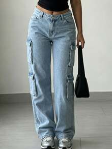 Women's Y2K Streetwear Multi-Pocket Straight Leg Cargo Jeans With Flap Pockets Casual Spring - Light Wash - View 5