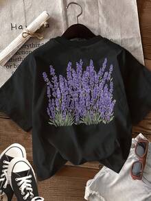 Summer Tops: Women's Vintage Lavender Flower Field T-Shirt - Short-Sleeved Crew Neck Top With A Relaxed Fit And Double-Sided Lavender Print, Breathable Casual Blouse, Suitable For Spring And Summer Leisure Wear, Machine Washable Non-Cotton T-Shirt, Summer Outfits. - Black - View 3