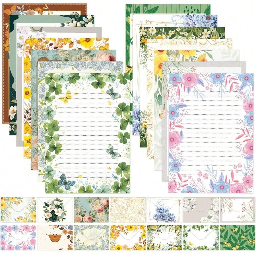 Bộ văn phòng phẩm 28 món họa tiết cây cỏ và hoa lá cổ điển, gồm 14 phong bì và 14 tờ giấy viết thư, thích hợp để viết thư tay, thư mời, thư cảm ơn và thư tỏ tình. - Bộ - Xem 1