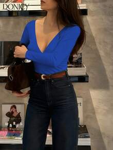 DONICY 女士纯色深V领露背长袖T恤，基础款上衣，深V百搭款式，适合春夏外出、约会、聚会、叠穿、休闲商务、居家休闲等场合穿着。 - 寶藍色 - 查看 4