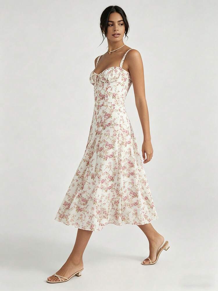 2026 Spring New Women's Clothing: Cross-Border European And American Dress, Elegant Floral Print Long Dress With Slit And Tie - 白底紅印花 - 查看 6